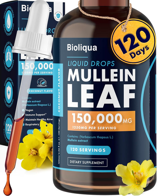 High Strength Balance ™ Bioliqua Mullein Drops for Lungs - 150,000mg per 4oz Tincture - 120 Servings - Lung Detox & Bronchial Cleanse - Coconut Flavor