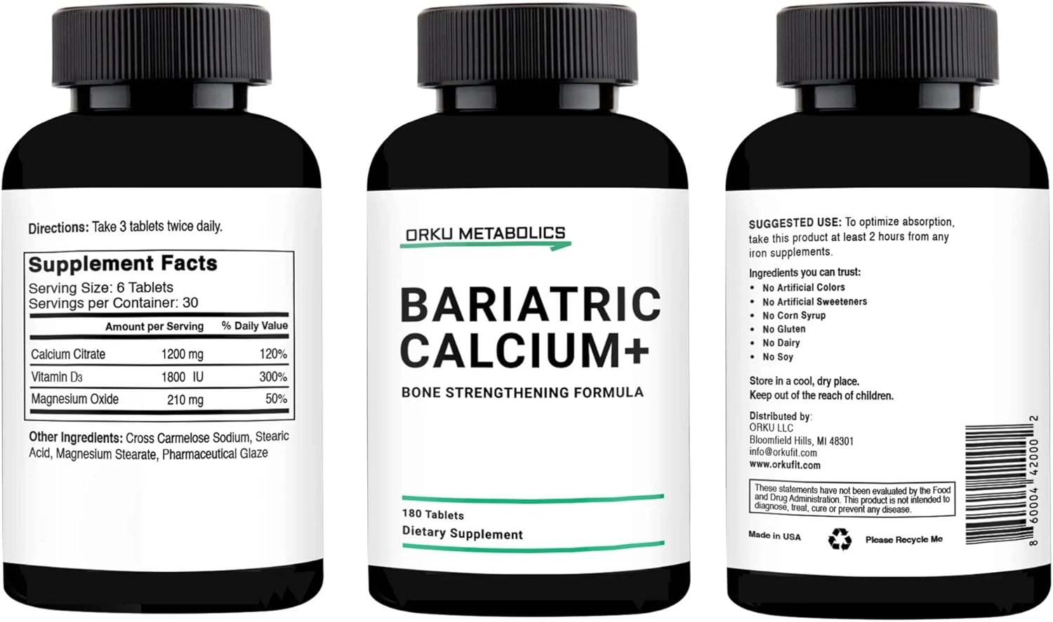 High Strength Bariatric Calcium Citrate Pills with Vitamin D & Magnesium - 1200mg - Non-Chewable Tablets