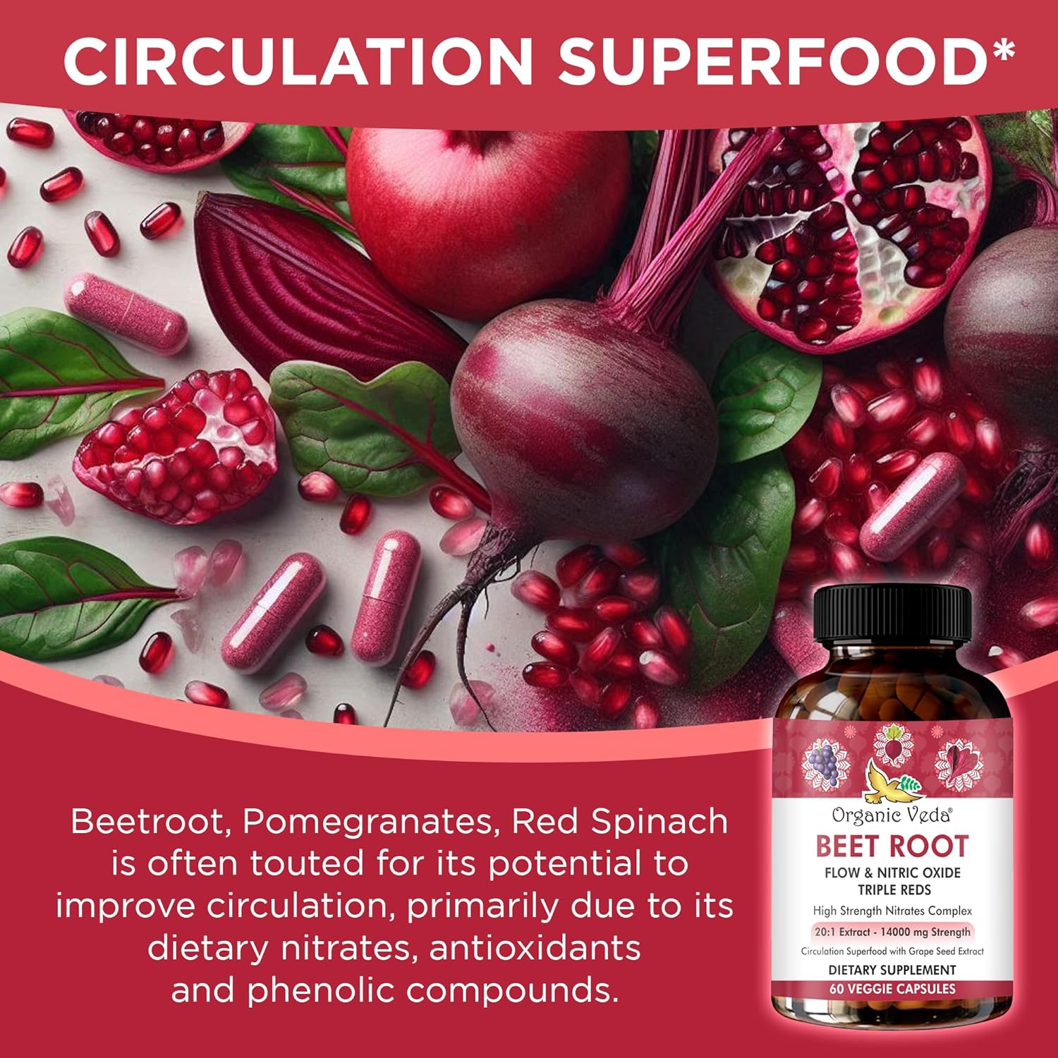 High Strength Beet Root Nitric Oxide Supplement with Super Red Foods - 14000mg Extract - 60 Capsules