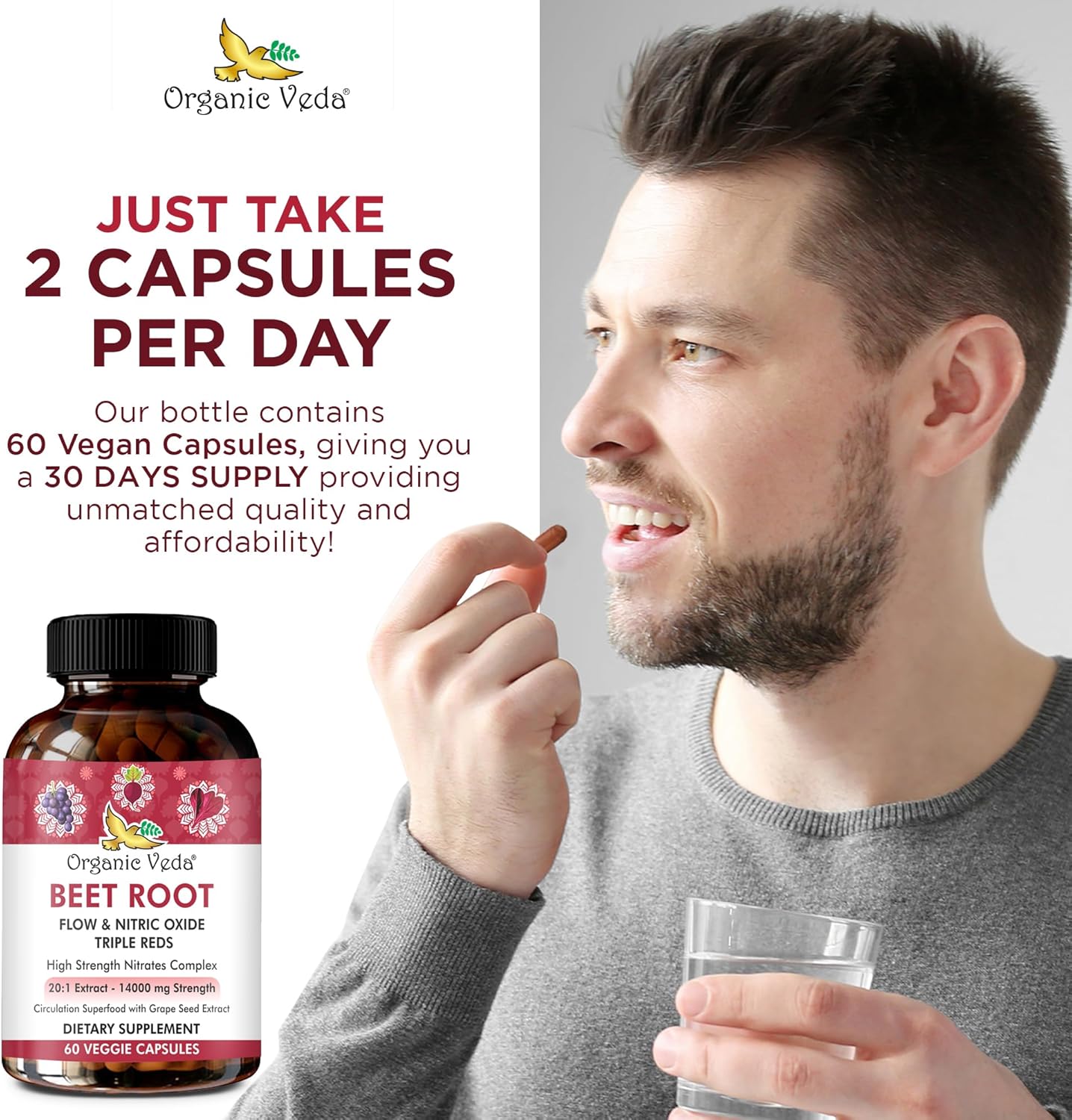 High Strength Beet Root Nitric Oxide Supplement with Super Red Foods - 14000mg Extract - 60 Capsules