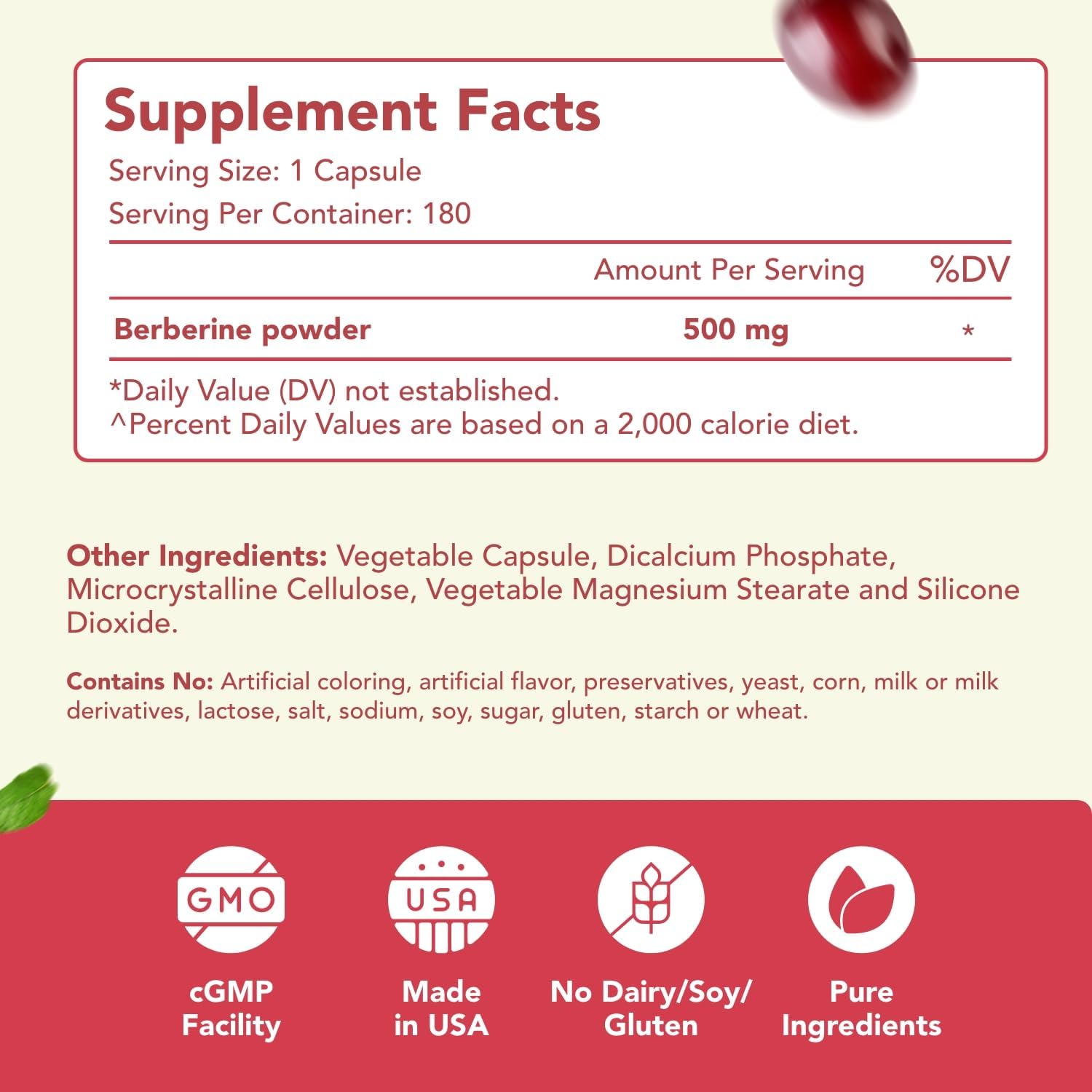 High Strength Berberine 500mg Supplement with Antioxidant Quercetin for Heart Health - Vegan-Friendly - Made in USA - 180 Servings