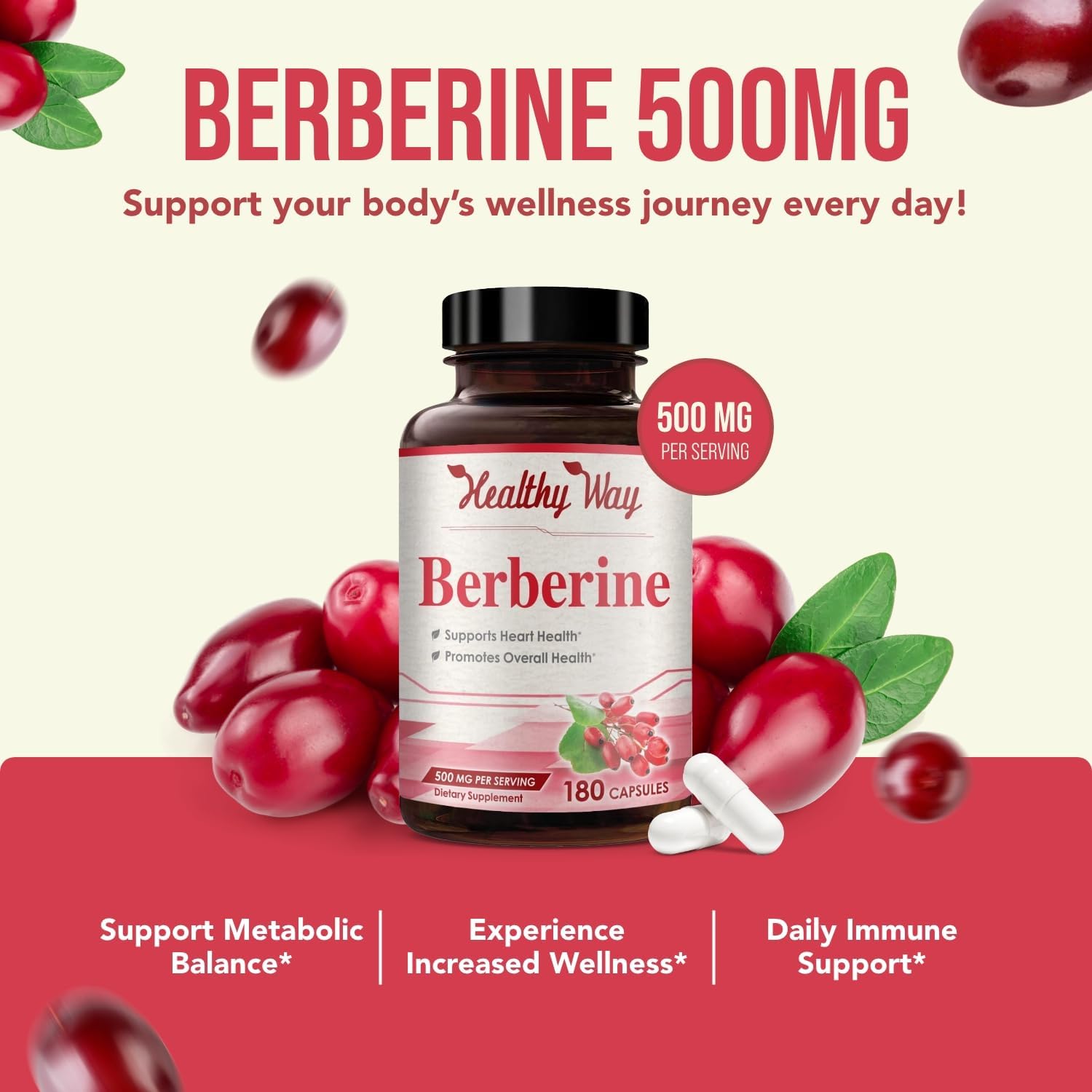 High Strength Berberine 500mg Supplement with Antioxidant Quercetin for Heart Health - Vegan-Friendly - Made in USA - 180 Servings