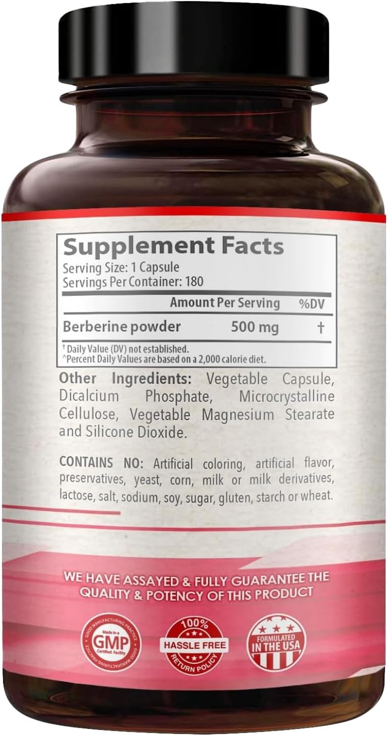 High Strength Berberine 500mg Supplement with Antioxidant Quercetin for Heart Health - Vegan-Friendly - Made in USA - 180 Servings