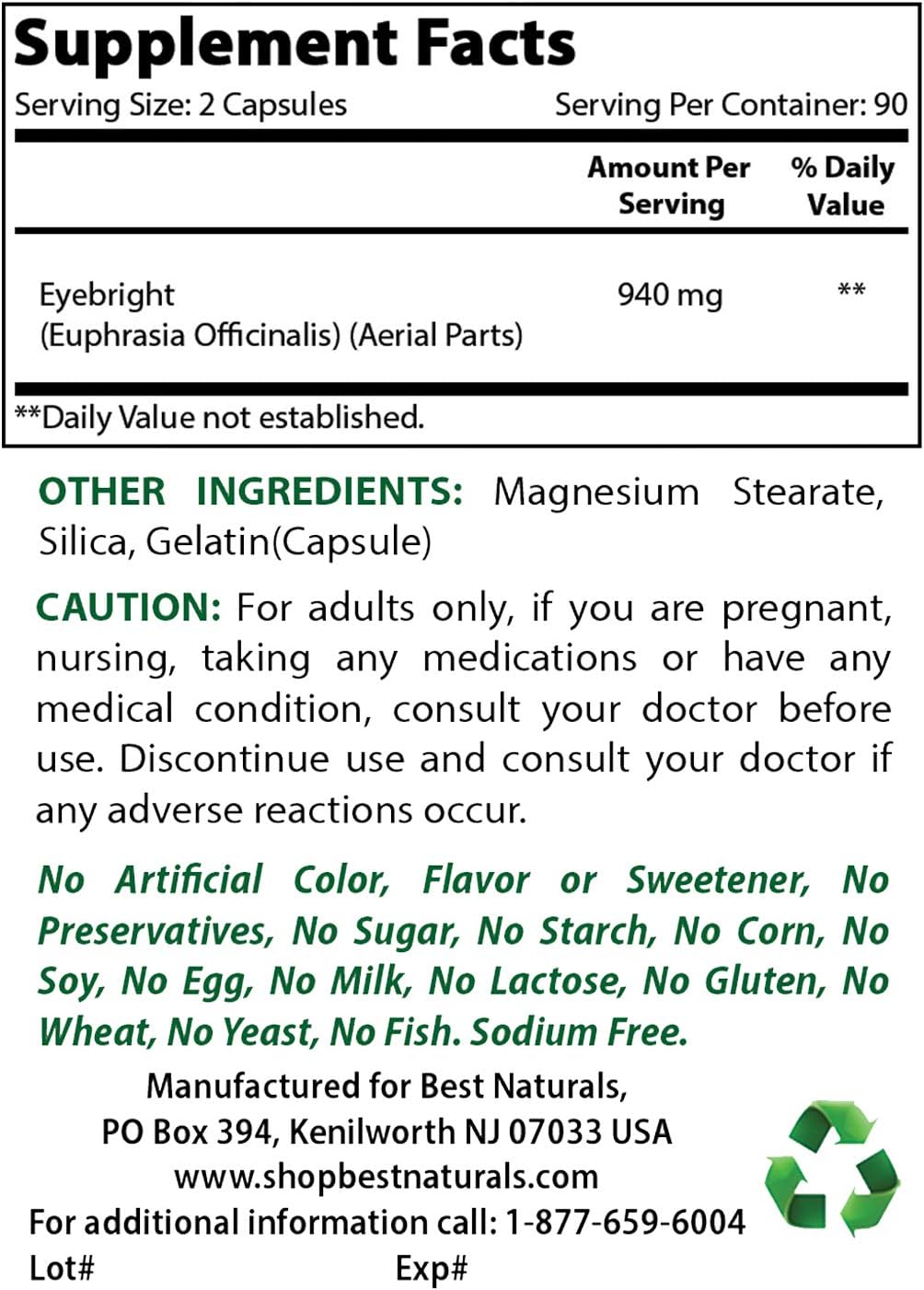 High Strength Bilberry Extract & Eyebright Capsules - 1000mg Bilberry & 470mg Eyebright for Eye Health