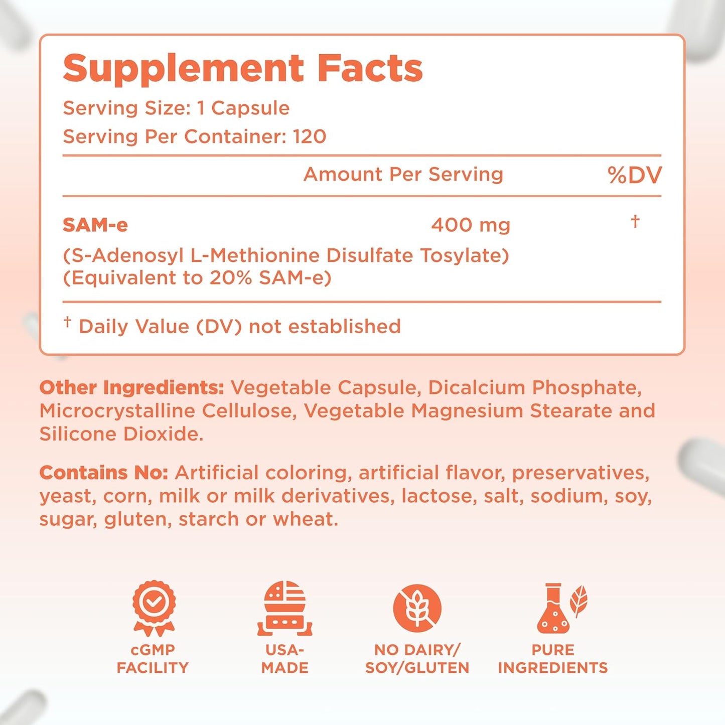 High Strength Bioactive SAM-e 400mg Supplement for Joint, Liver, and Mood Support - Vegan, Non-GMO, Preservative Free - Made in the USA - 120 Servings