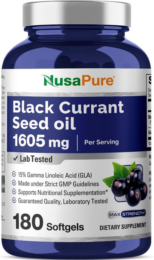 High Strength Black Currant Oil Capsules - 1605mg with 15% GLA - 180 Non-GMO, Gluten Free Softgels by NusaPure