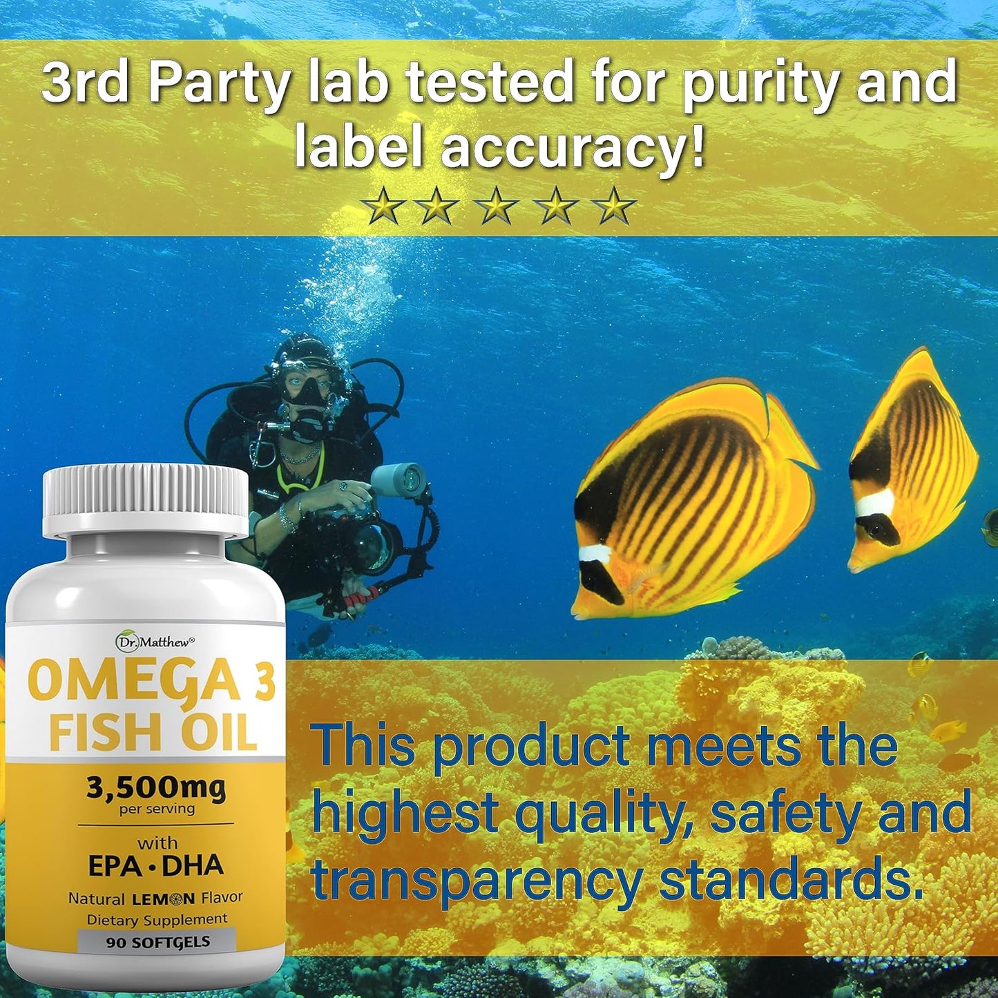 High Strength Burpless Omega 3 Fish Oil Supplements for Women & Men - 3000mg EPA DHA, Odorless, Mercury Free Capsules by Dr. Matthew