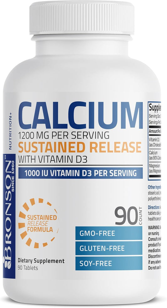 High Strength Calcium 1200 MG with Vitamin D3 1000 IU - Non-GMO Sustained Release Formula, 90 Tablets