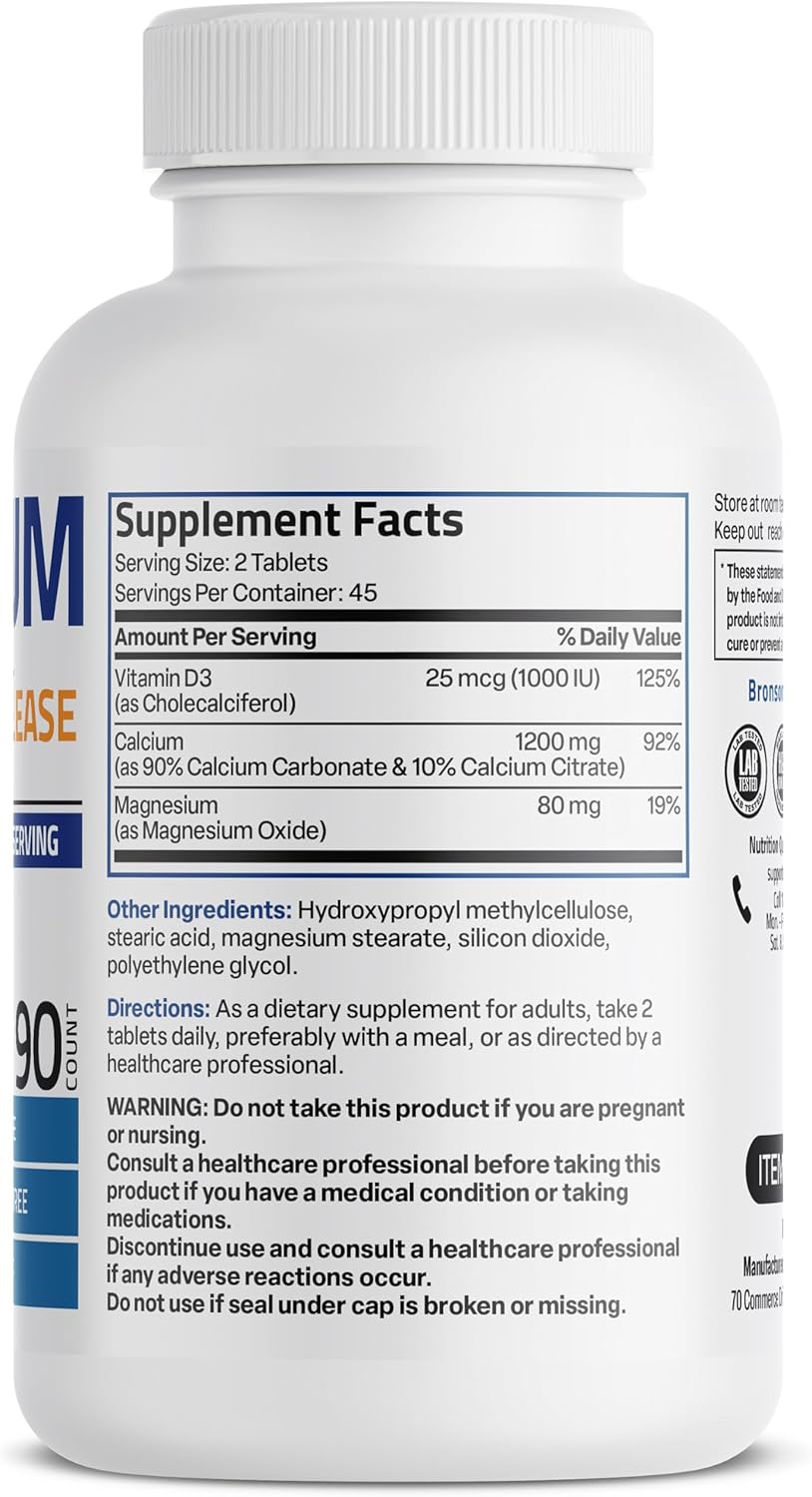 High Strength Calcium 1200 MG with Vitamin D3 1000 IU - Non-GMO Sustained Release Formula, 90 Tablets
