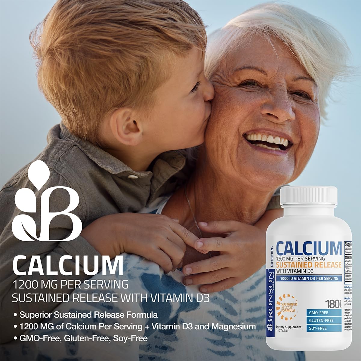 High Strength Calcium 1200 MG with Vitamin D3 1000 IU - Non-GMO Sustained Release Formula, 90 Tablets
