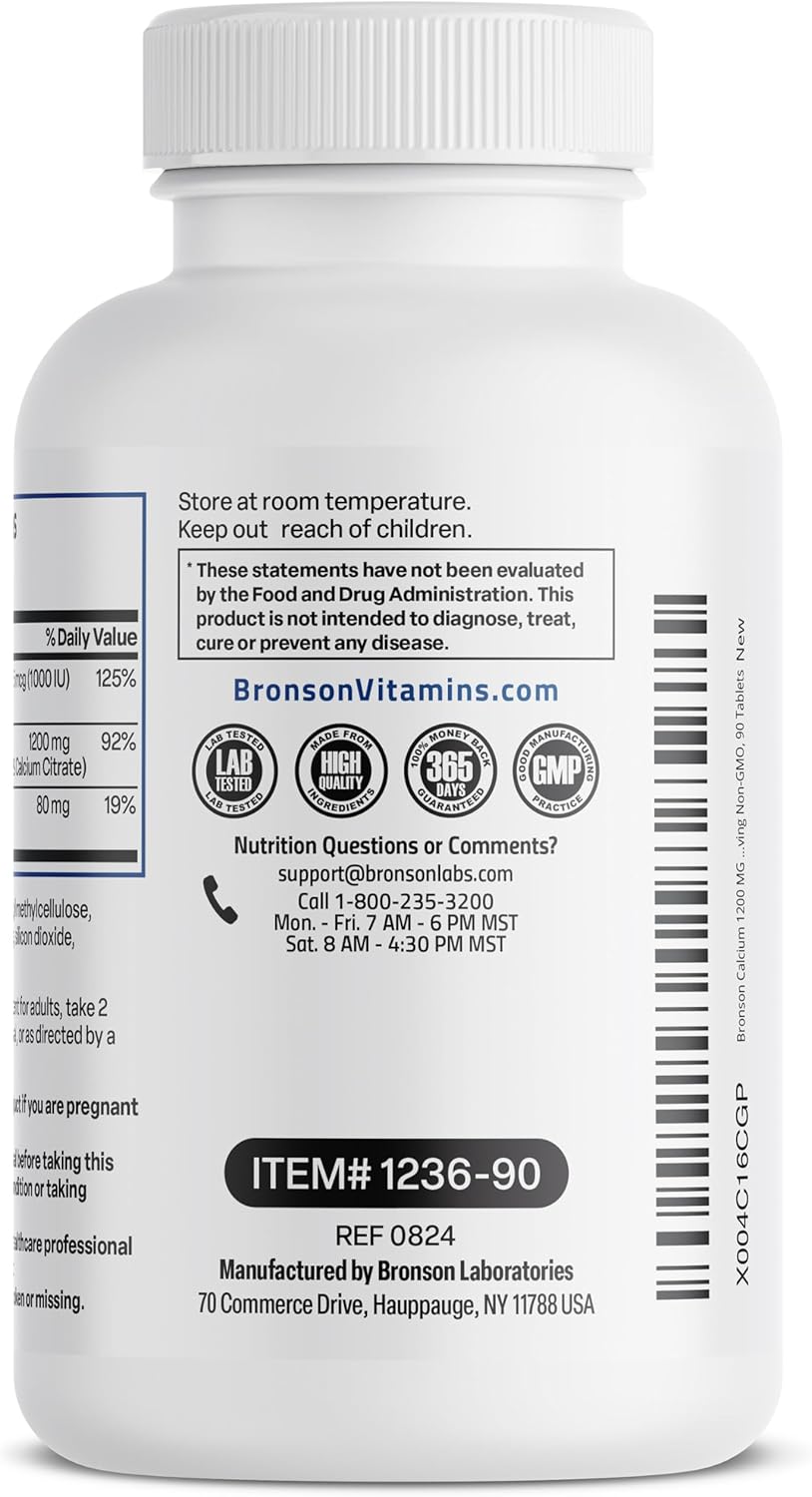 High Strength Calcium 1200 MG with Vitamin D3 1000 IU - Non-GMO Sustained Release Formula, 90 Tablets