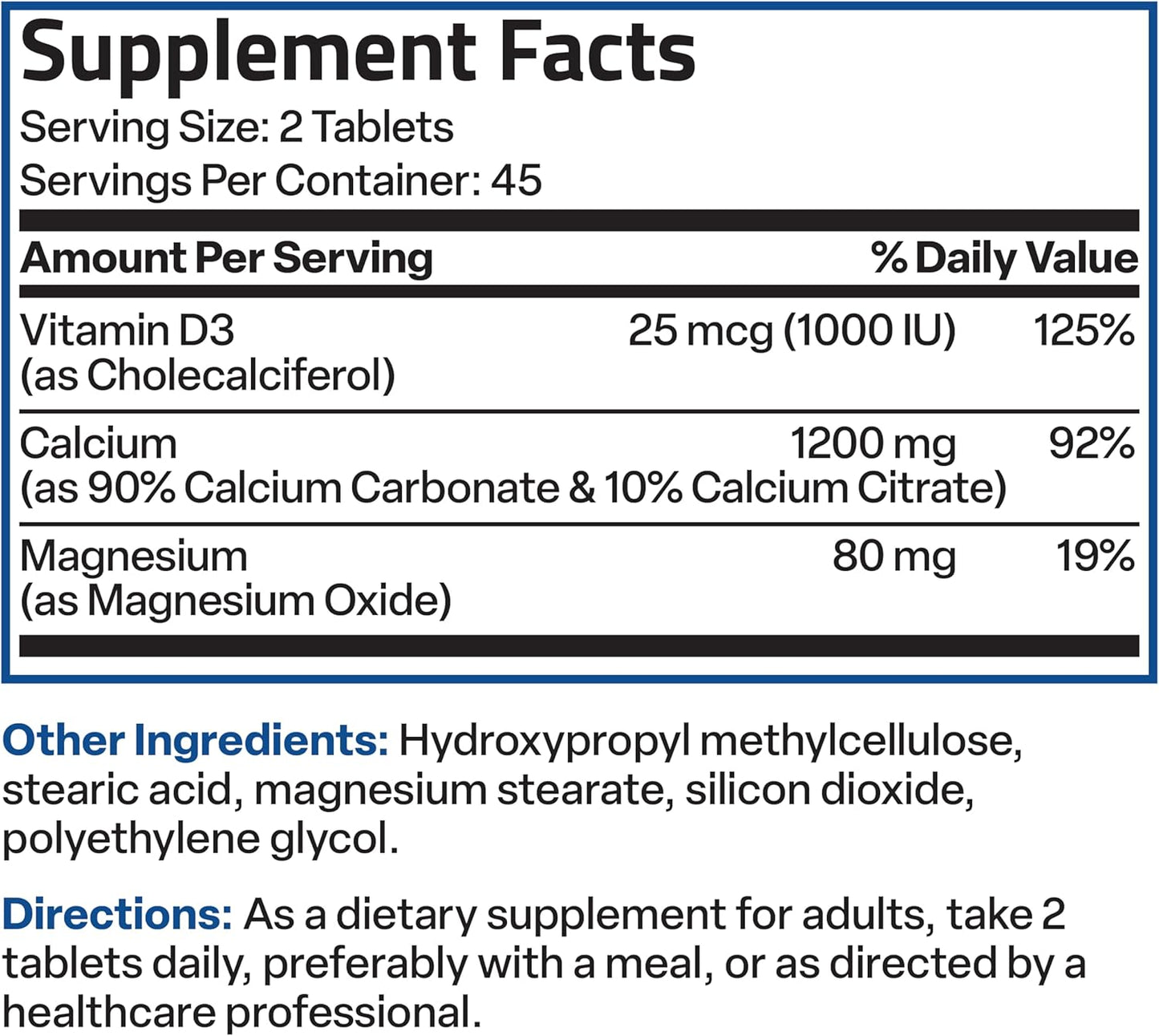High Strength Calcium 1200 MG with Vitamin D3 1000 IU - Non-GMO Sustained Release Formula, 90 Tablets