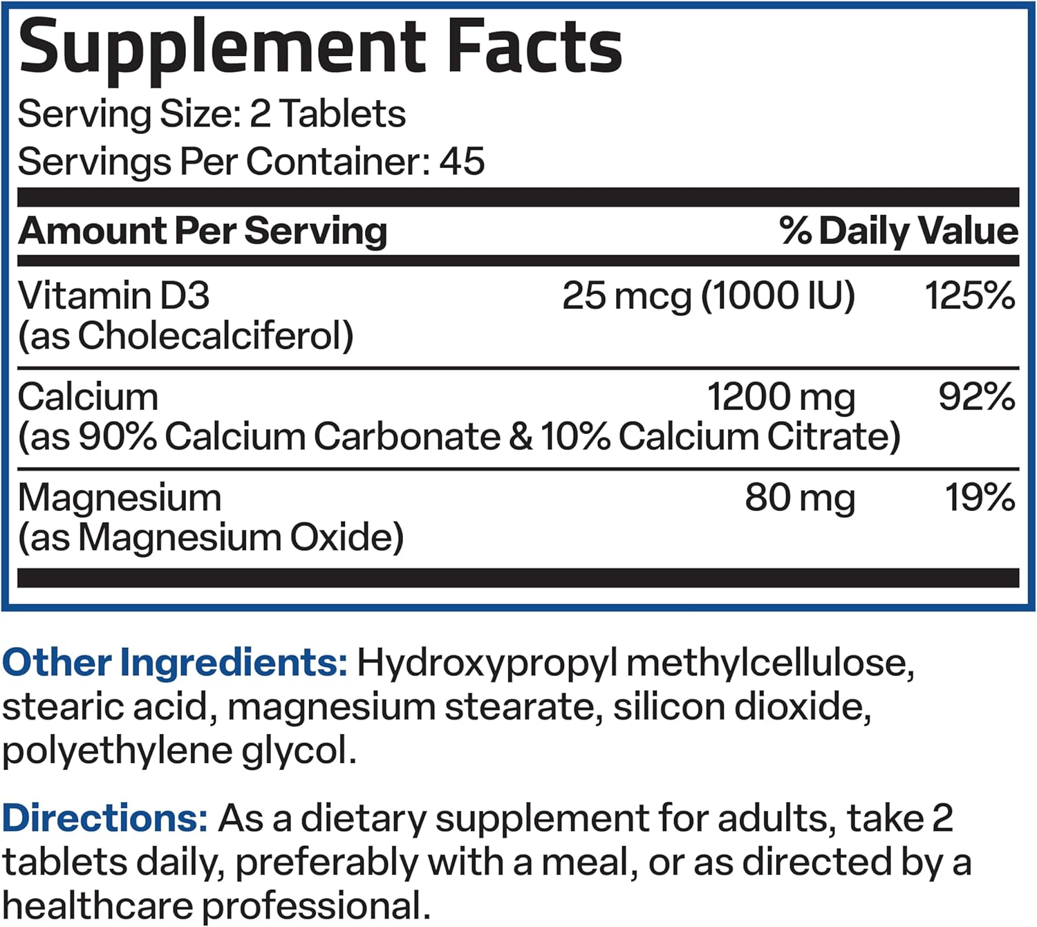 High Strength Calcium 1200 MG with Vitamin D3 1000 IU - Non-GMO Sustained Release Formula, 90 Tablets