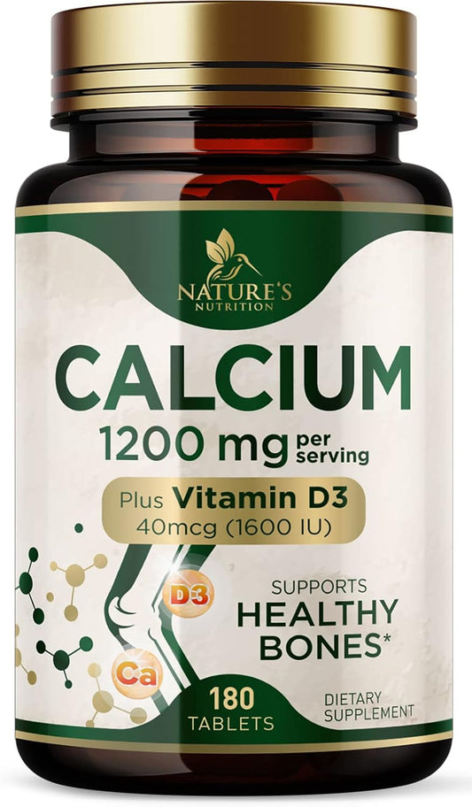 High Strength Calcium 1200mg with Vitamin D3 for Bone & Teeth Health - 180 Tablets, Women & Men's Calcium Supplement with Absorbable Calcium Carbonate