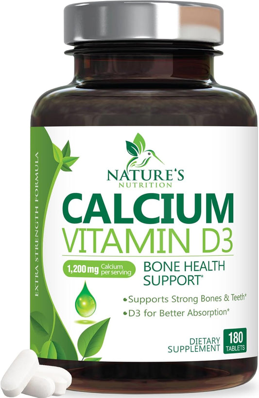 High Strength Calcium 1200mg with Vitamin D3 for Bone & Teeth Health - 180 Tablets, Natural Calcium Supplement for Women & Men
