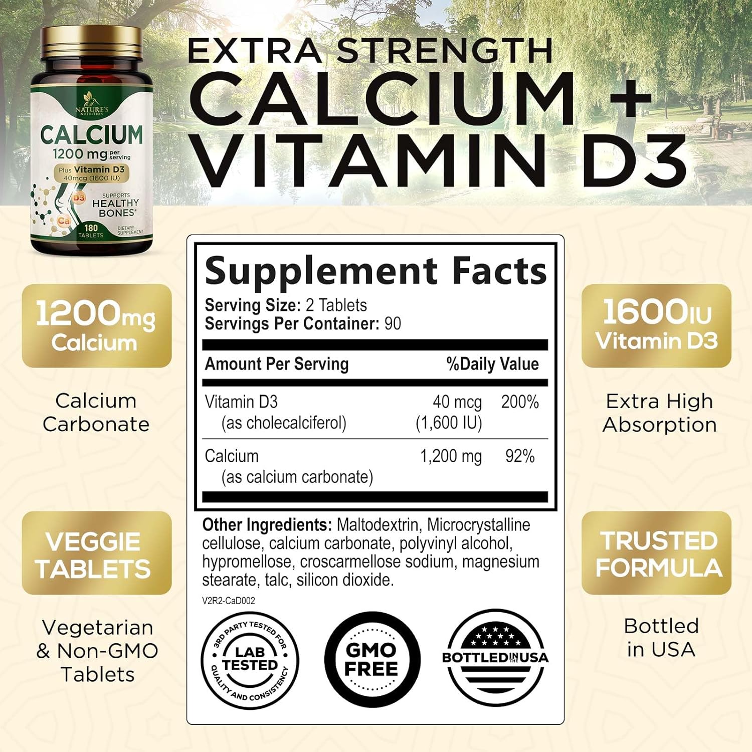 High Strength Calcium 1200mg with Vitamin D3 for Bone & Teeth Health - 180 Tablets, Women & Men's Calcium Supplement with Absorbable Calcium Carbonate