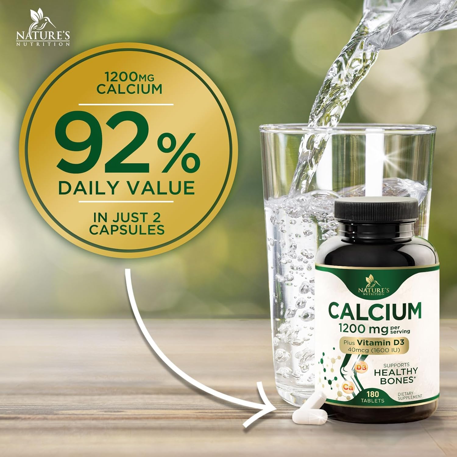 High Strength Calcium 1200mg with Vitamin D3 for Bone & Teeth Health - 180 Tablets, Women & Men's Calcium Supplement with Absorbable Calcium Carbonate