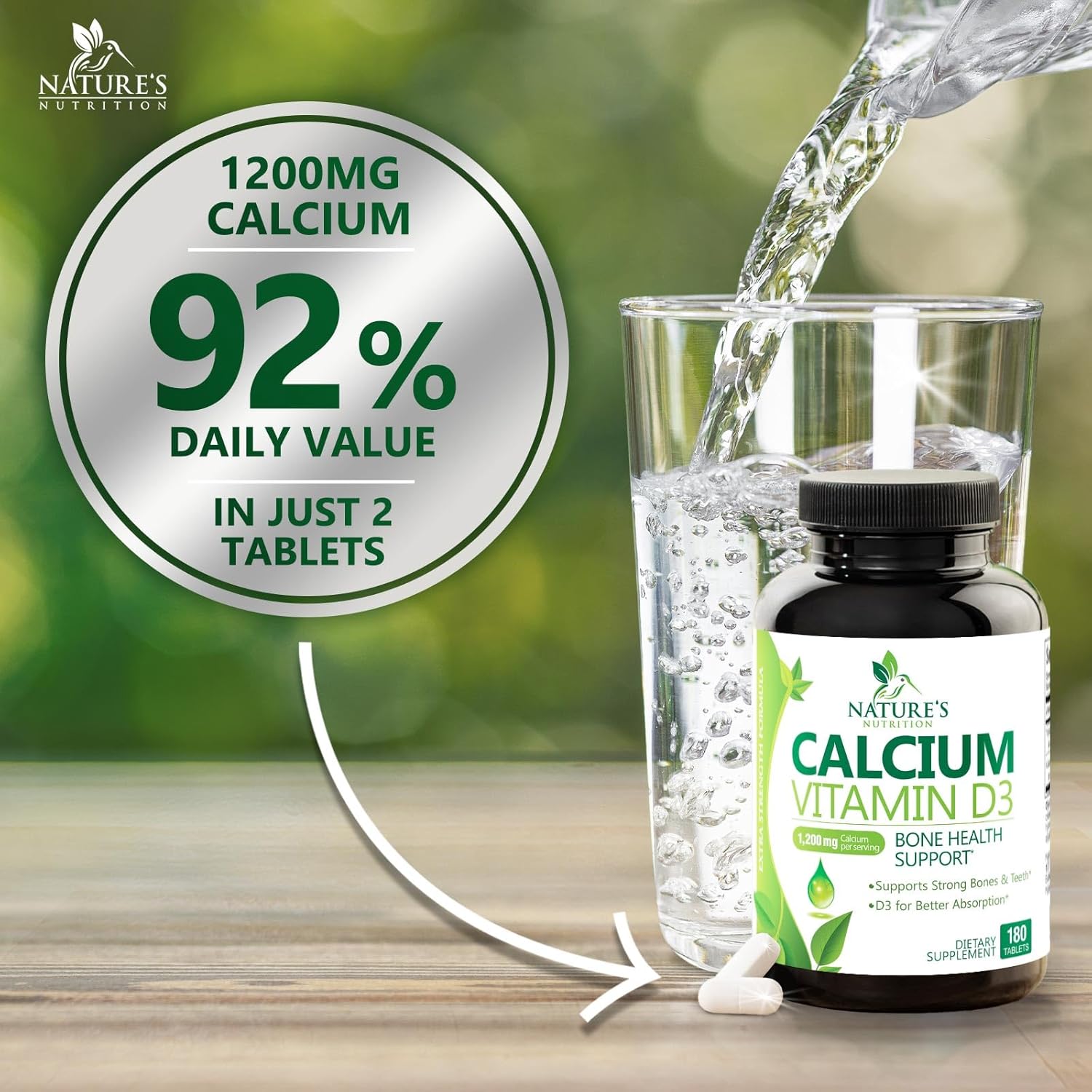 High Strength Calcium 1200mg with Vitamin D3 for Bone & Teeth Health - 180 Tablets, Natural Calcium Supplement for Women & Men