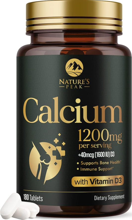 High Strength Calcium Carbonate Tablets with Vitamin D3 for Bone, Teeth & Immune Health - 180 Count