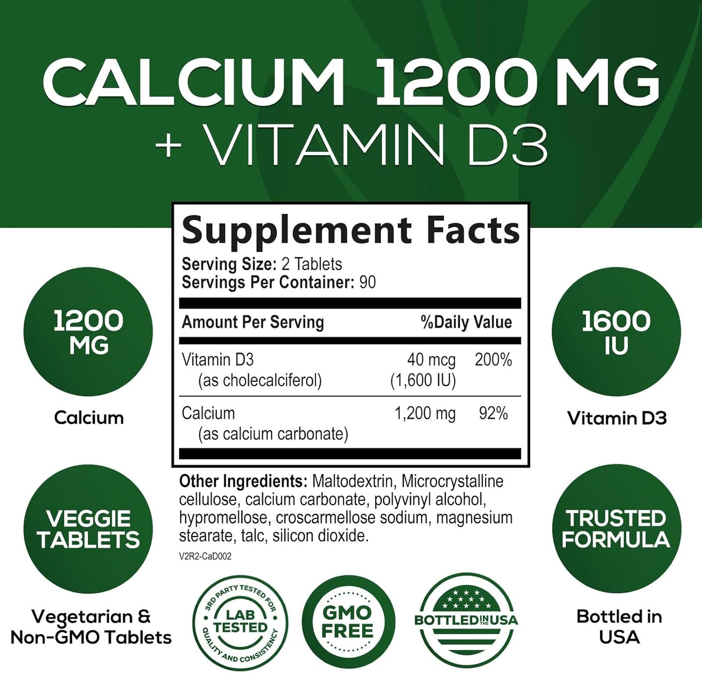 High Strength Calcium Carbonate Tablets with Vitamin D3 for Bone, Teeth & Immune Health - 180 Count