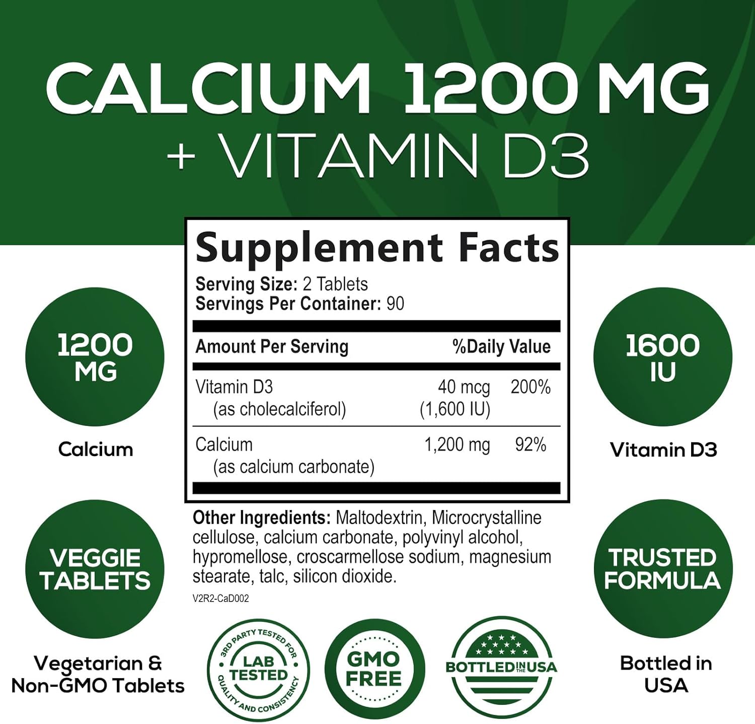 High Strength Calcium Carbonate Tablets with Vitamin D3 for Bone, Teeth & Immune Health - 180 Count