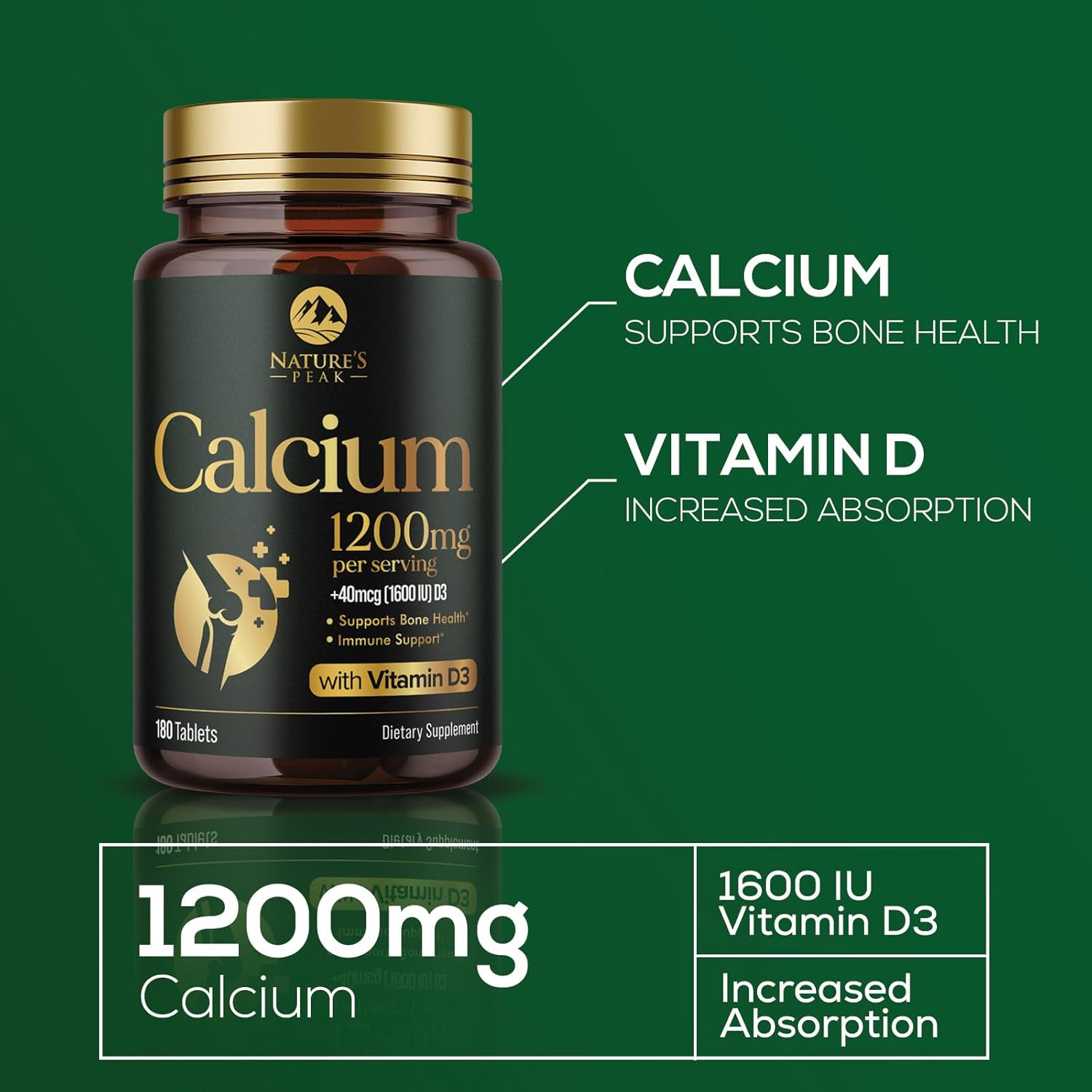 High Strength Calcium Carbonate Tablets with Vitamin D3 for Bone, Teeth & Immune Health - 180 Count