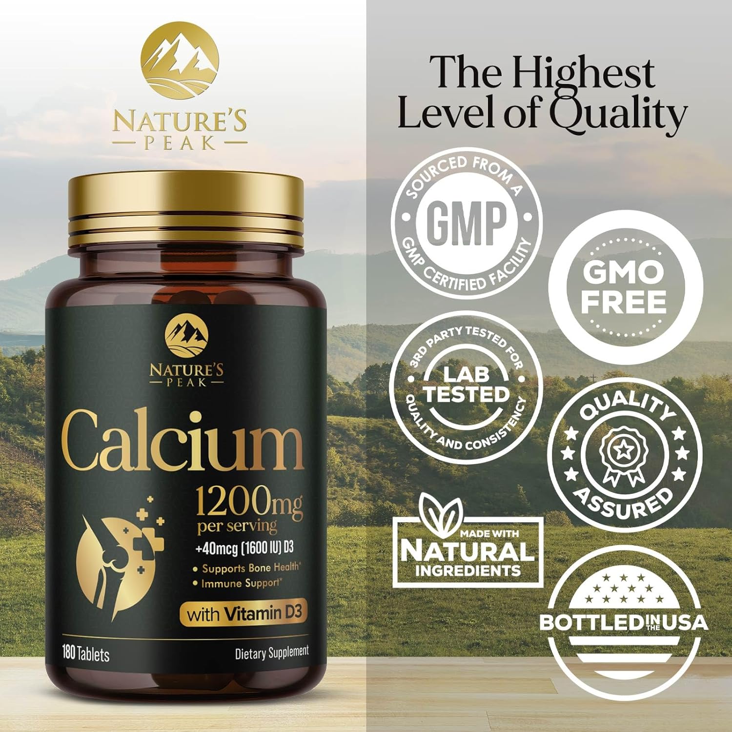 High Strength Calcium Carbonate Tablets with Vitamin D3 for Bone, Teeth & Immune Health - 180 Count