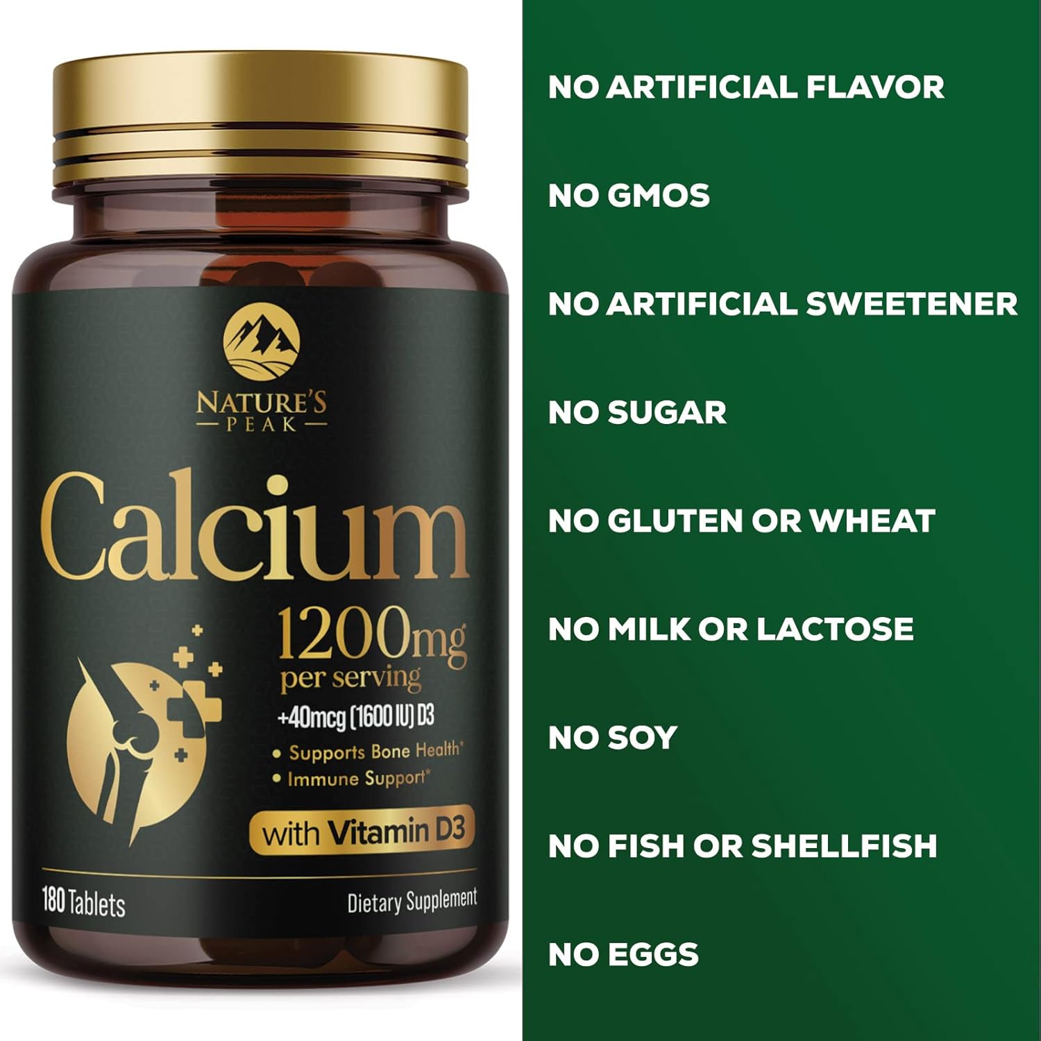 High Strength Calcium Carbonate Tablets with Vitamin D3 for Bone, Teeth & Immune Health - 180 Count