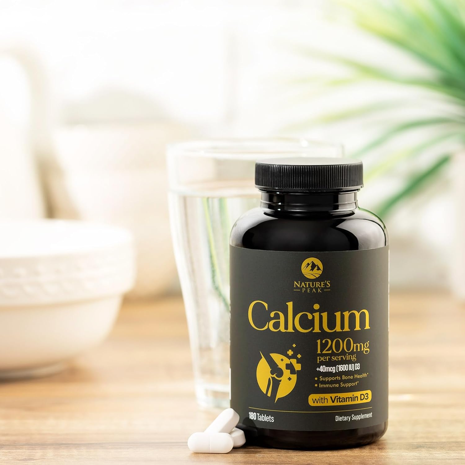 High Strength Calcium Carbonate Tablets with Vitamin D3 for Bone, Teeth & Immune Health - 180 Count