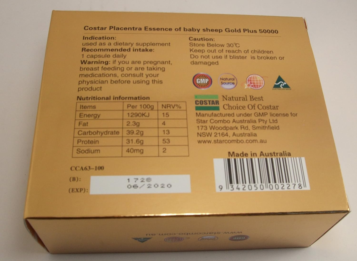 High Strength Costar Sheep Placenta Extract Gold Plus 50000mg Capsules - Australian Made Baby Sheep Essence Supplement