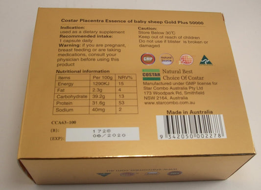High Strength Costar Sheep Placenta Extract Gold Plus 50000mg Capsules - Australian Made Baby Sheep Essence Supplement