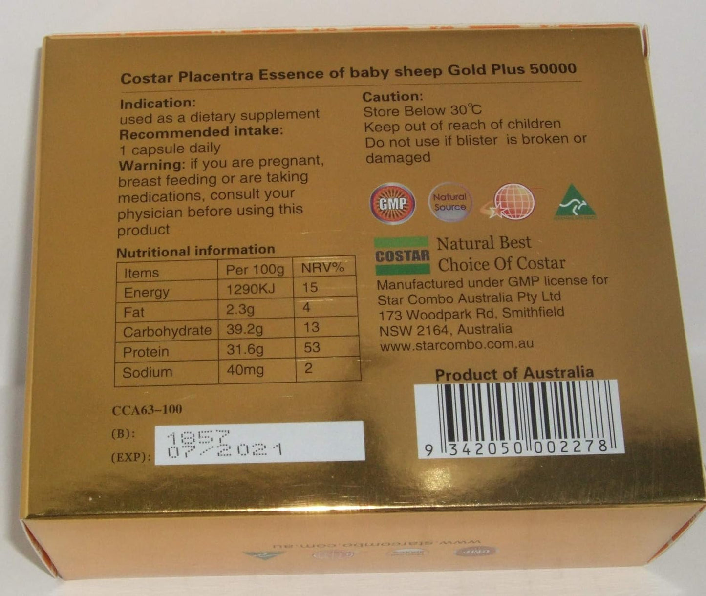 High Strength Costar Sheep Placenta Extract Gold Plus 50000mg Capsules - Australian Made Baby Sheep Essence Supplement