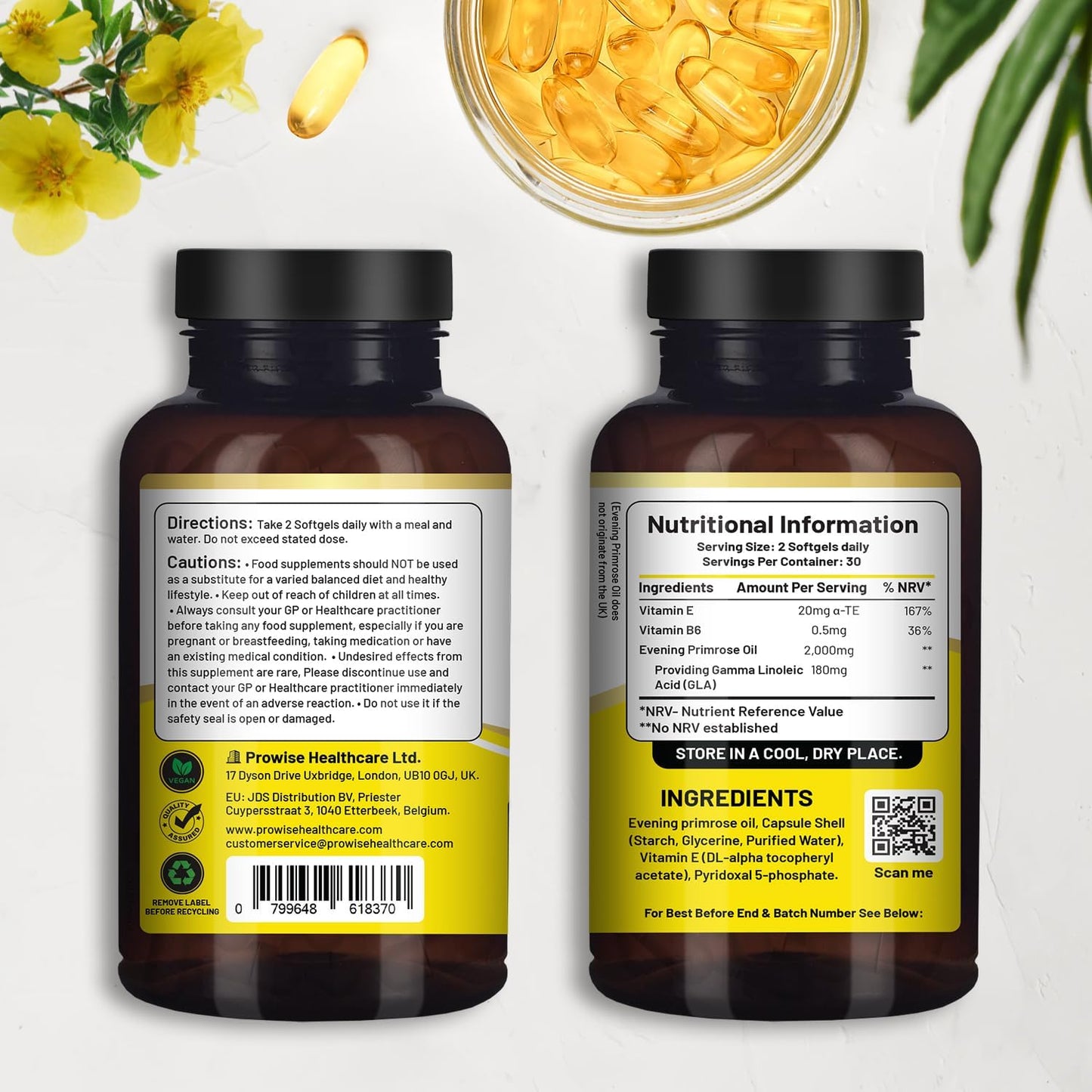 High Strength Evening Primrose Oil 2000mg with Vitamin E & B6 - 60 Vegan Softgels | Cold Pressed, Premium Quality Supplement for Women's Health | 180mg GLA per Capsule | Vegan by Prowise Healthcare