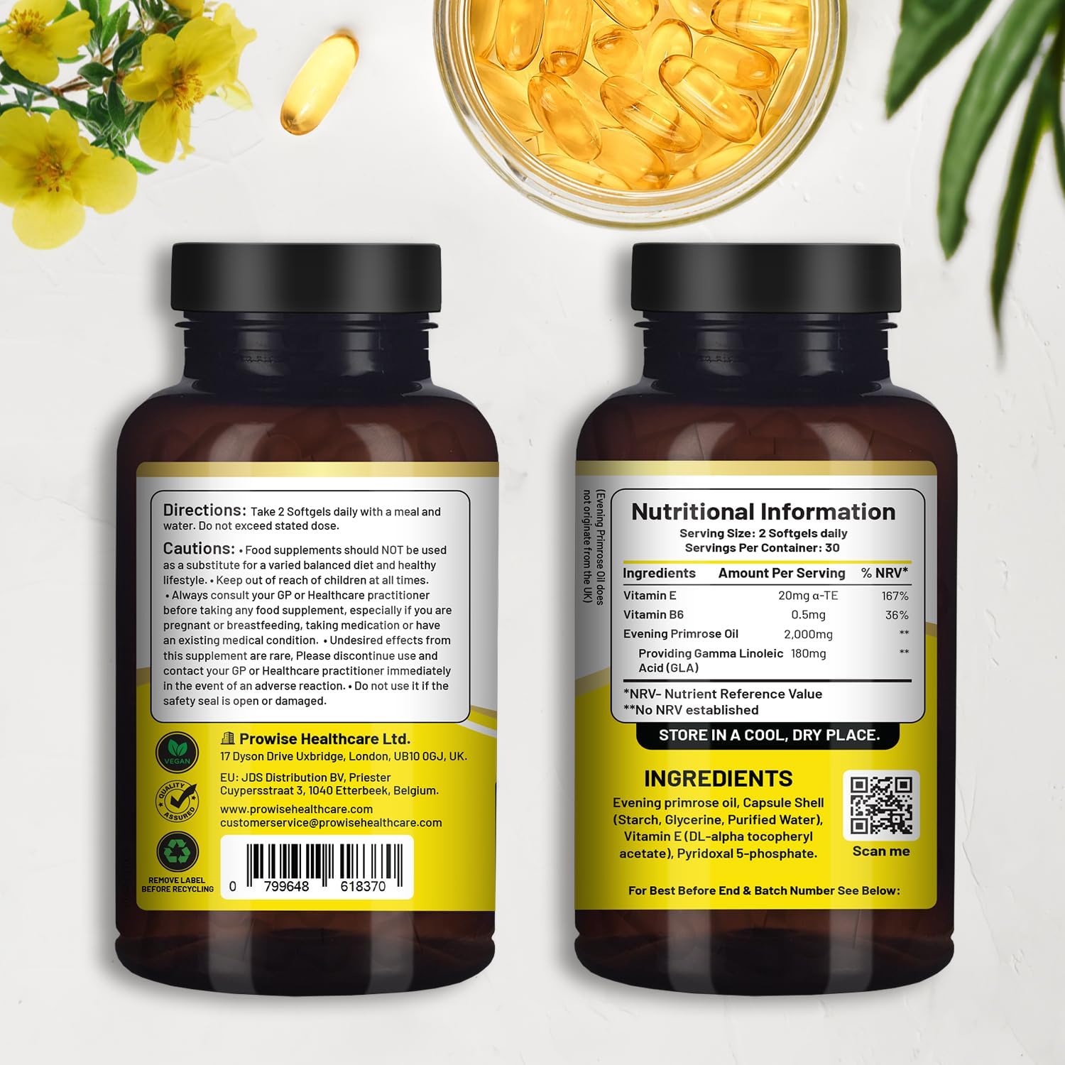 High Strength Evening Primrose Oil 2000mg with Vitamin E & B6 - 60 Vegan Softgels | Cold Pressed, Premium Quality Supplement for Women's Health | 180mg GLA per Capsule | Vegan by Prowise Healthcare