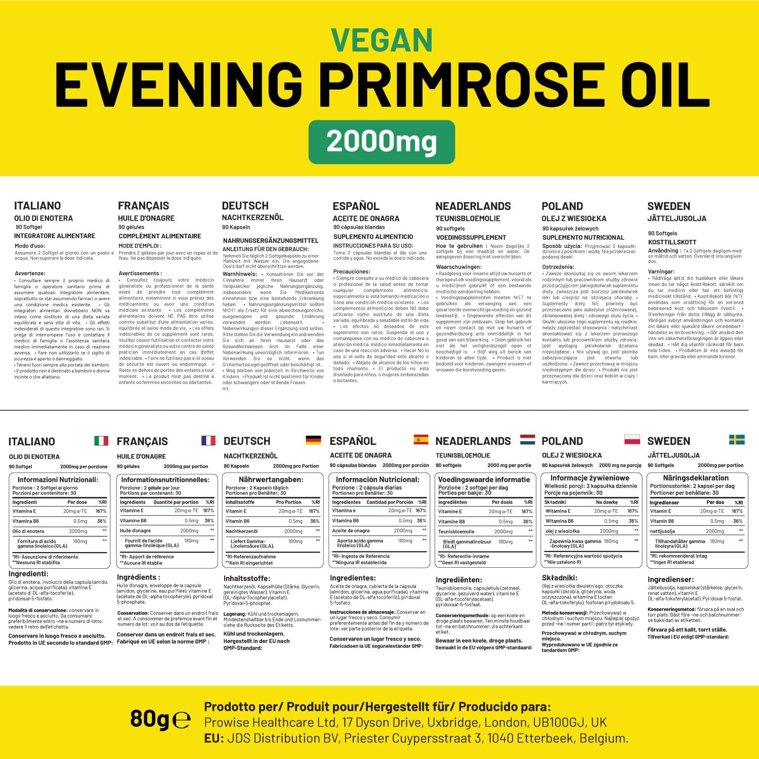 High Strength Evening Primrose Oil 2000mg with Vitamin E & B6 - 60 Vegan Softgels | Cold Pressed, Premium Quality Supplement for Women's Health | 180mg GLA per Capsule | Vegan by Prowise Healthcare