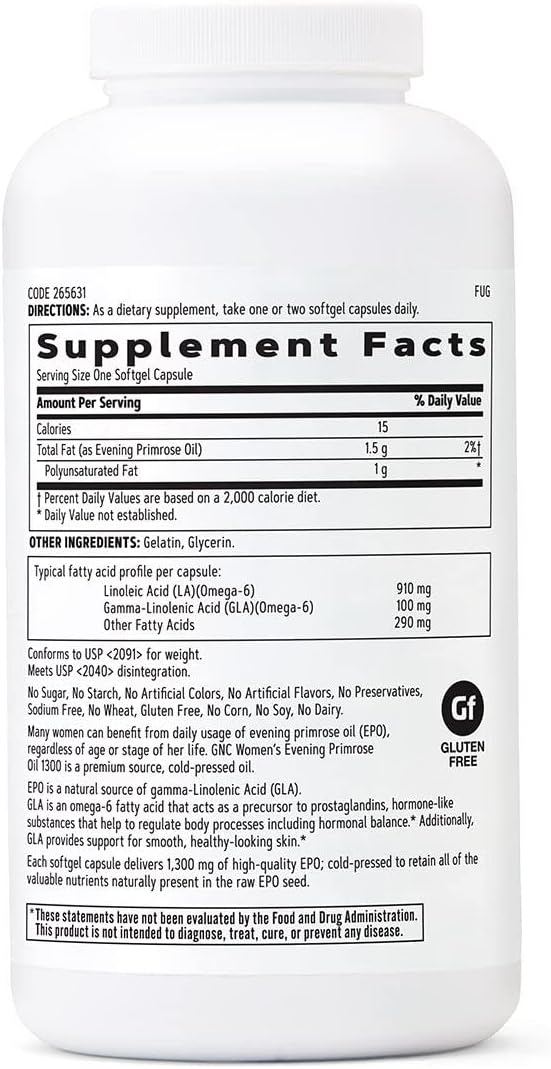 High Strength GNC Women's Evening Primrose Oil Capsules - 1300mg for Hormonal Balance, Immunity, Skin & Heart - 180 Softgels