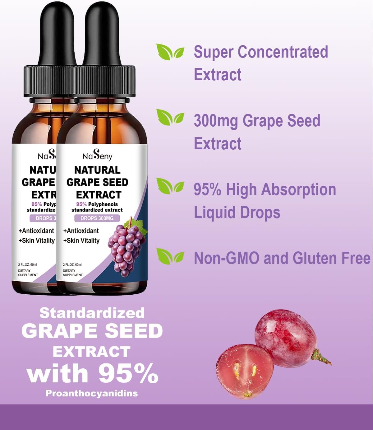 High Strength Grape Seed Extract Liquid Drops - 300mg Polyphenols, High Absorption Vitis Vinifera Tincture - Non-GMO (2 Bottles)