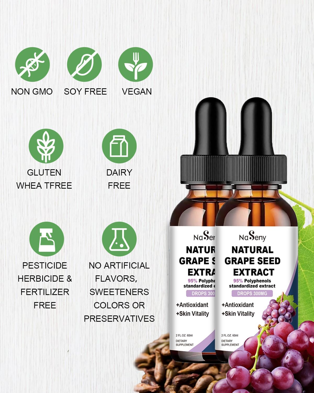 High Strength Grape Seed Extract Liquid Drops - 300mg Polyphenols, High Absorption Vitis Vinifera Tincture - Non-GMO (2 Bottles)
