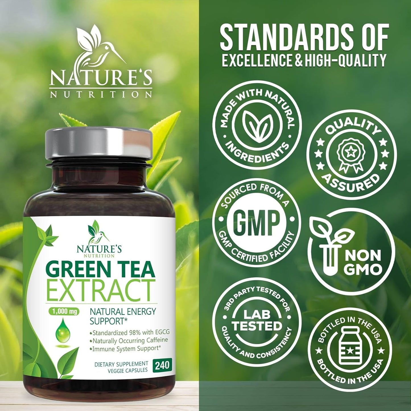 High Strength Green Tea Extract Capsules - 1000mg with 98% EGCG - Natural Energy Boost & Heart Support - 240 Capsules