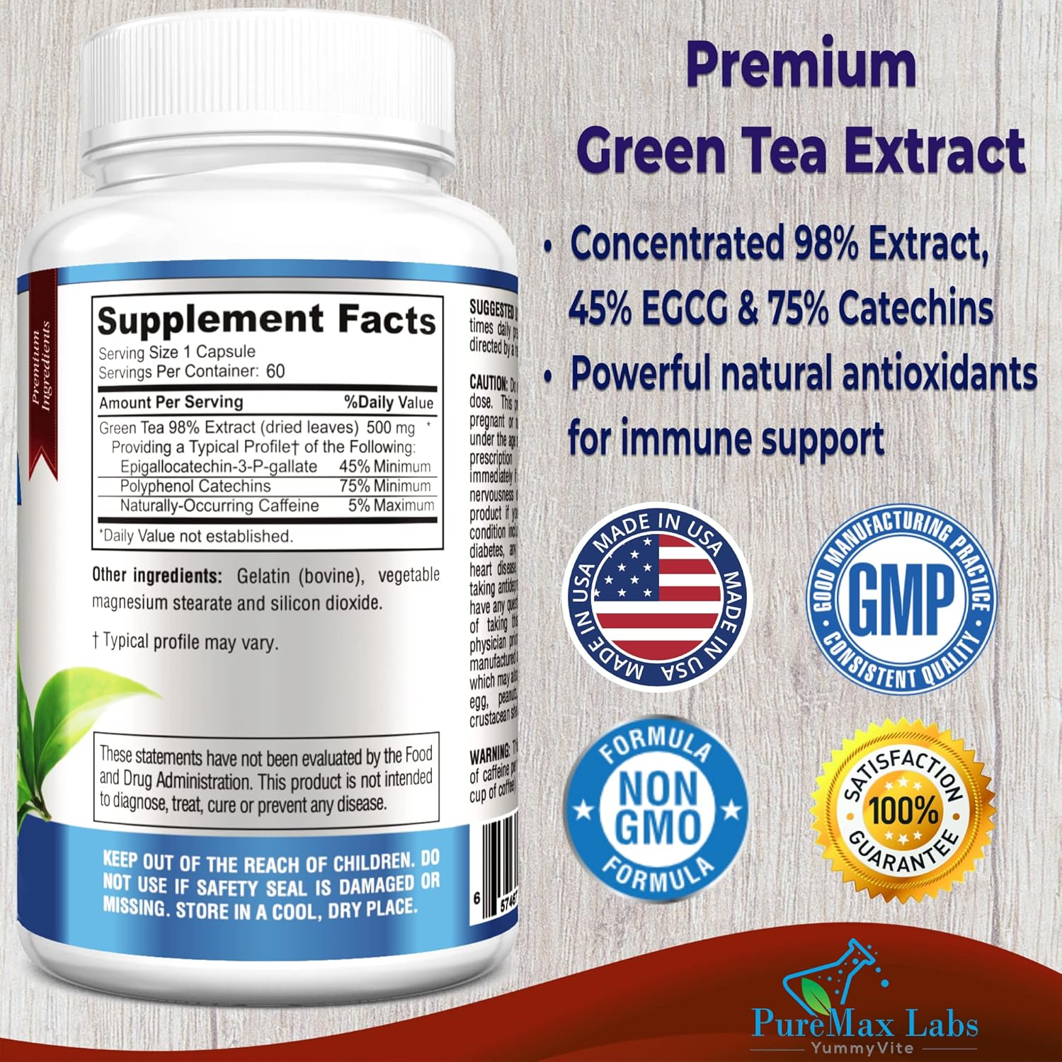 High Strength Green Tea Extract Capsules - 98% Polyphenol Catechins, 45% EGCG, Antioxidant - 60 Count