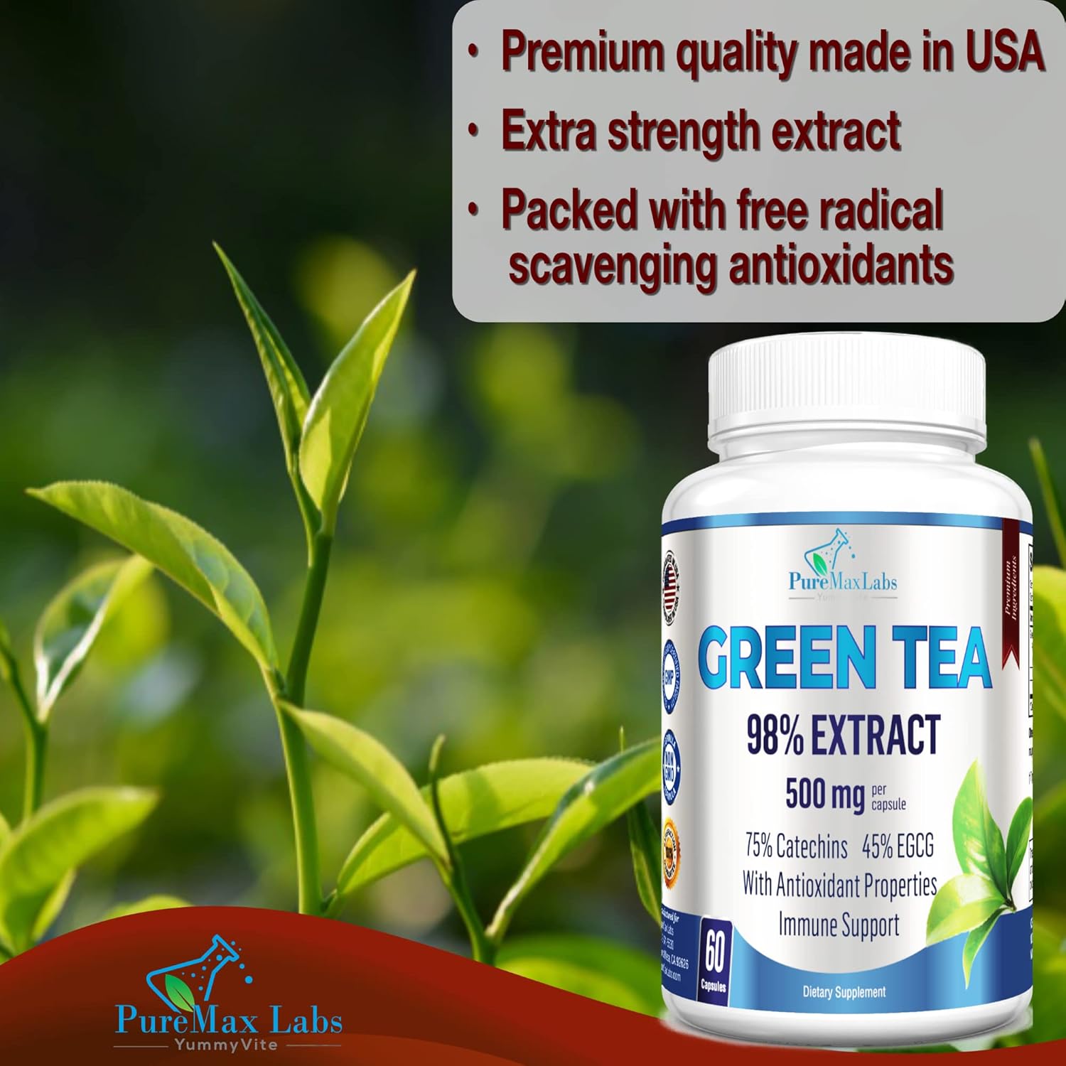 High Strength Green Tea Extract Capsules - 98% Polyphenol Catechins, 45% EGCG, Antioxidant - 60 Count