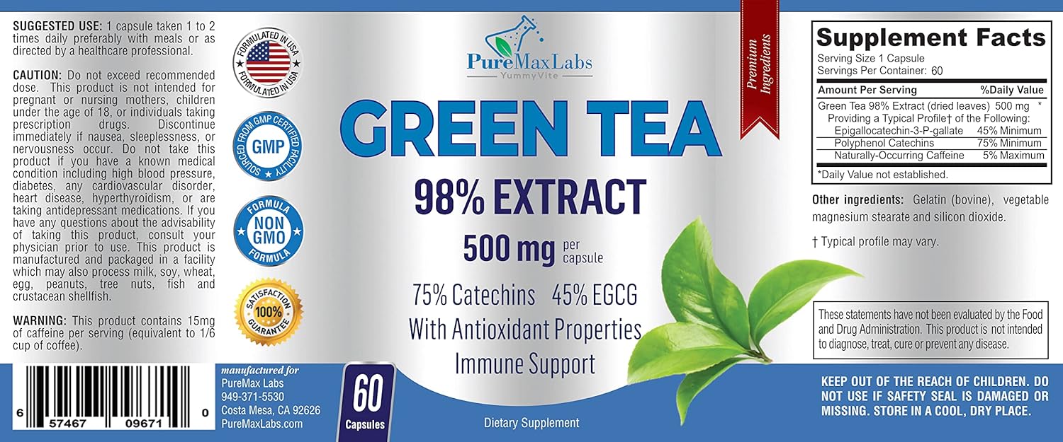 High Strength Green Tea Extract Capsules - 98% Polyphenol Catechins, 45% EGCG, Antioxidant - 60 Count