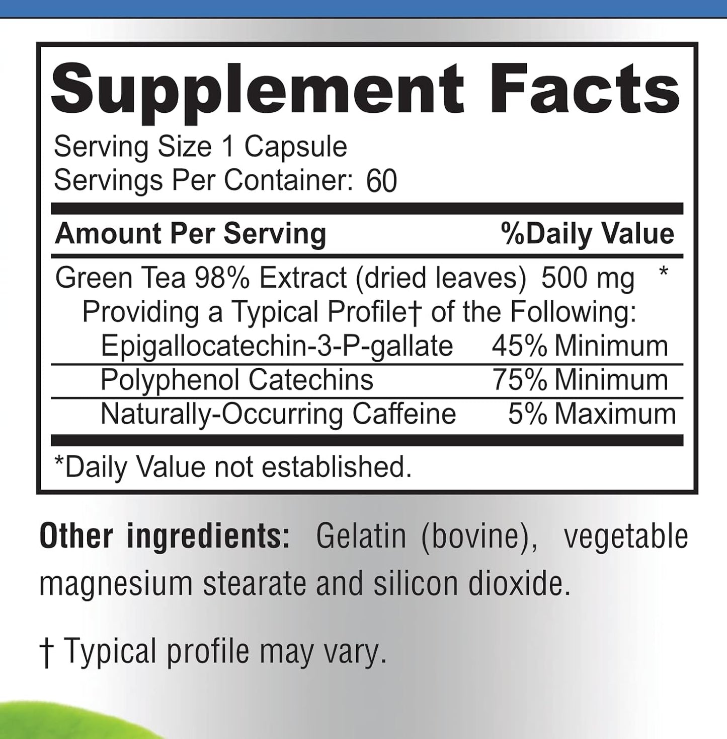 High Strength Green Tea Extract Capsules - 98% Polyphenol Catechins, 45% EGCG, Antioxidant - 60 Count