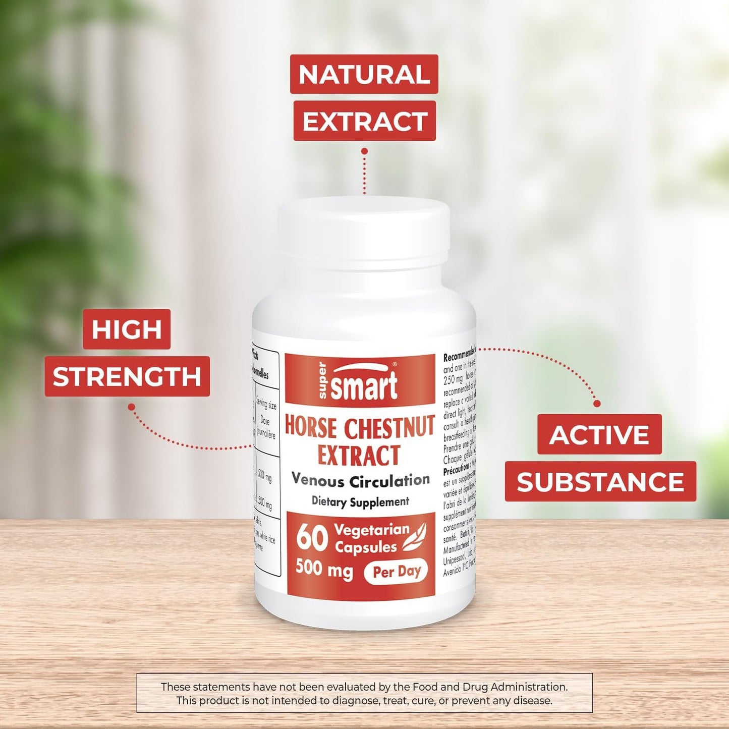 High Strength Horse Chestnut Extract Supplement - 500mg Daily Dose, 20% Aescin, Non-GMO, Gluten Free - 60 Capsules