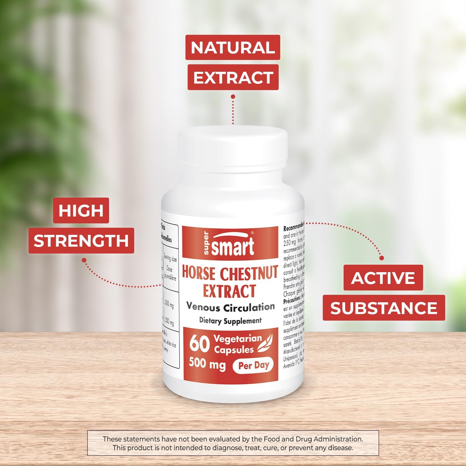 High Strength Horse Chestnut Extract Supplement - 500mg Daily Dose, 20% Aescin, Non-GMO, Gluten Free - 60 Capsules