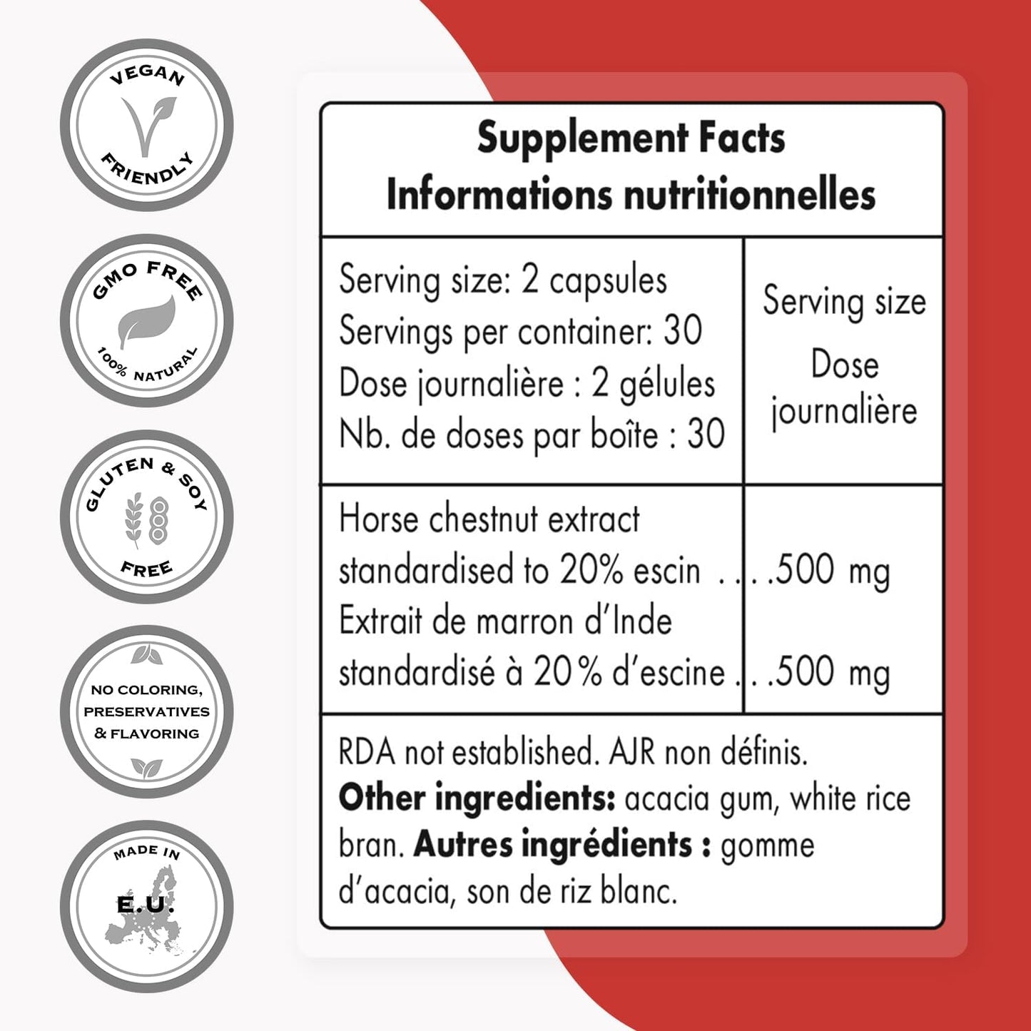 High Strength Horse Chestnut Extract Supplement - 500mg Daily Dose, 20% Aescin, Non-GMO, Gluten Free - 60 Capsules