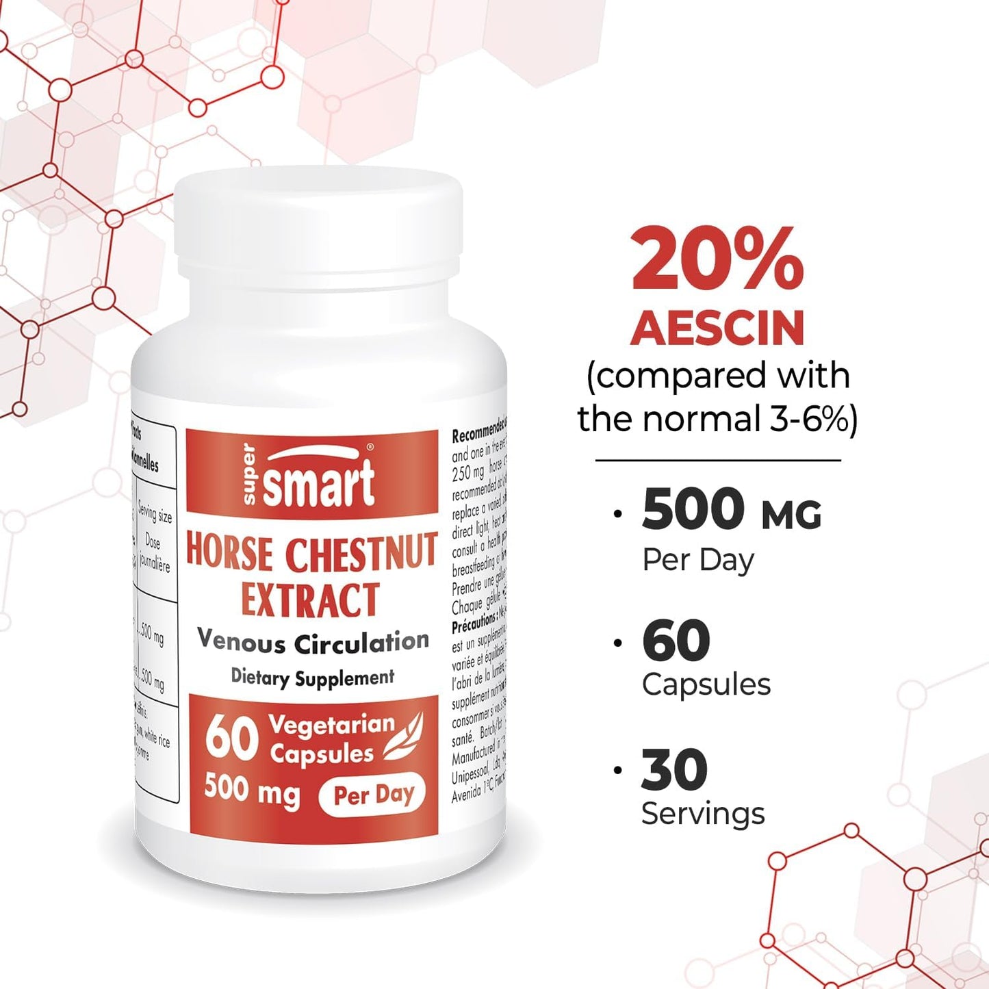 High Strength Horse Chestnut Extract Supplement - 500mg Daily Dose, 20% Aescin, Non-GMO, Gluten Free - 60 Capsules
