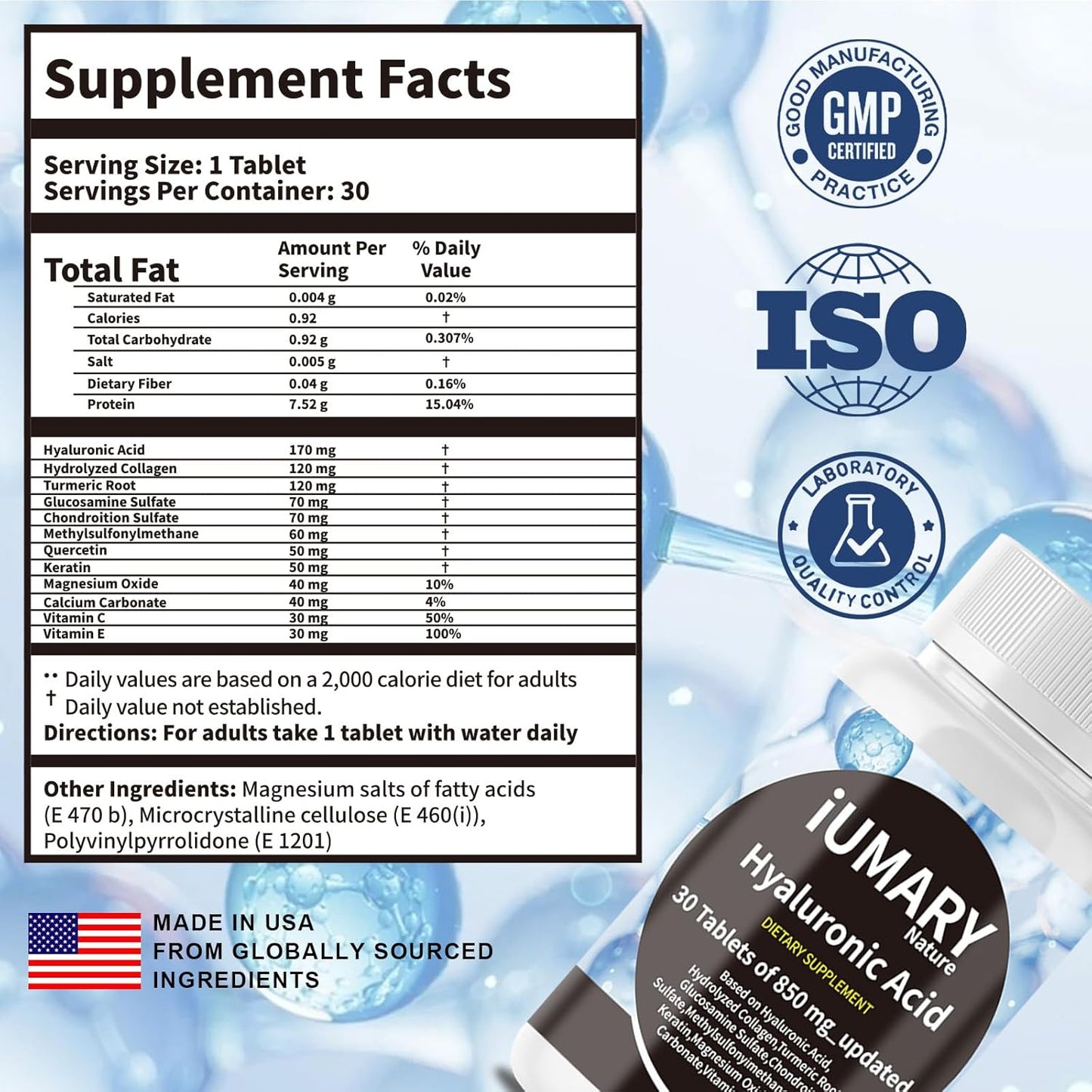 High Strength Hyaluronic Acid Supplements for Skin and Joint Health - 850mg, 90 Tablets