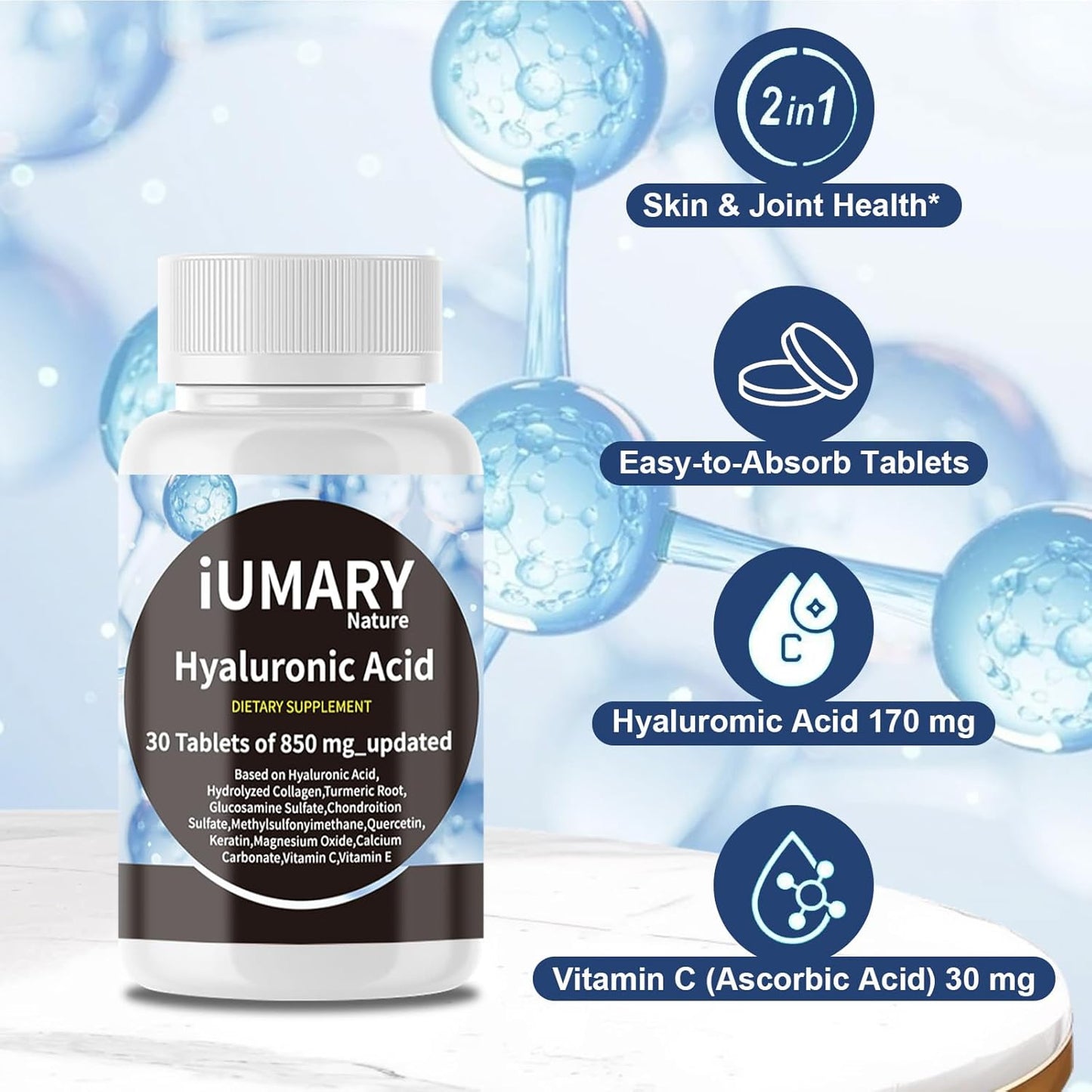High Strength Hyaluronic Acid Supplements for Skin and Joint Health - 850mg, 90 Tablets