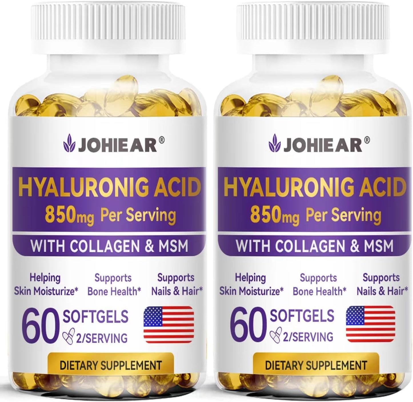 High Strength Johiear Hyaluronic Acid Supplements for Skin, Joints, Eyes, Hair, and Nails - 850mg Capsules, 60 Softgels (2 Pack)